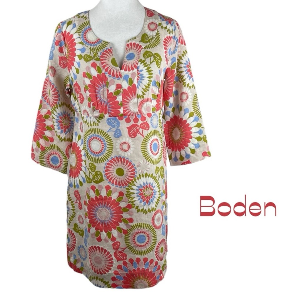 Boden  Orange Lime And Cream Floral 100% Linen CottageCore Dress NWOT